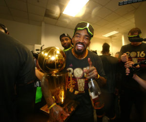 OAKLAND, CA - JUNE 19: J.R. Smith #5 of the Cleveland Cavaliers celebrates after winning Game Seven of the 2016 NBA Finals against the Golden State Warriors on June 19, 2016 at Oracle Arena in Oakland, California. NOTE TO USER: User expressly acknowledges and agrees that, by downloading and or using this photograph, user is consenting to the terms and conditions of Getty Images License Agreement. Mandatory Copyright Notice: Copyright 2016 NBAE (Photo by Nathaniel S. Butler/NBAE via Getty Images)