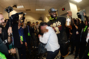 OAKLAND, CA - JUNE 19: LeBron James #23 of the Cleveland Cavaliers celebrates with his teammates after winning Game Seven of the 2016 NBA Finals against the Golden State Warriors on June 19, 2016 at ORACLE Arena in Oakland, California. NOTE TO USER: User expressly acknowledges and agrees that, by downloading and/or using this Photograph, user is consenting to the terms and conditions of the Getty Images License Agreement. Mandatory Copyright Notice: Copyright 2016 NBAE (Photo by Andrew D. Bernstein/NBAE via Getty Images)