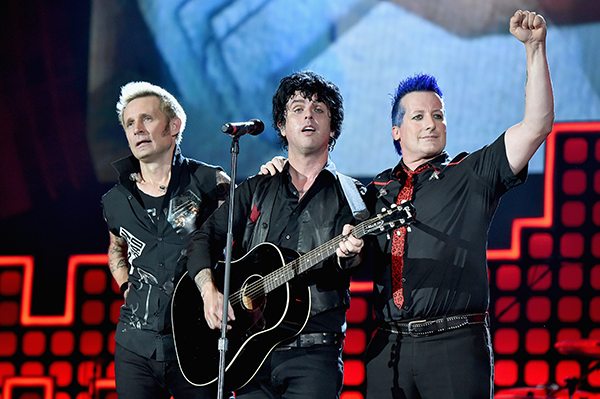 NEW YORK, NY - SEPTEMBER 23: (L-R) Mike Dirnt, Billie Joe Armstrong and Tre Cool of Green Day perform onstage during the 2017 Global Citizen Festival in Central Park to End Extreme Poverty by 2030 at Central Park on September 23, 2017 in New York City. at Central Park on September 23, 2017 in New York City. (Photo by Theo Wargo/Getty Images for Global Citizen) *** Local Caption *** Tre Cool; Billie Joe Armstrong; Mike Dirnt
