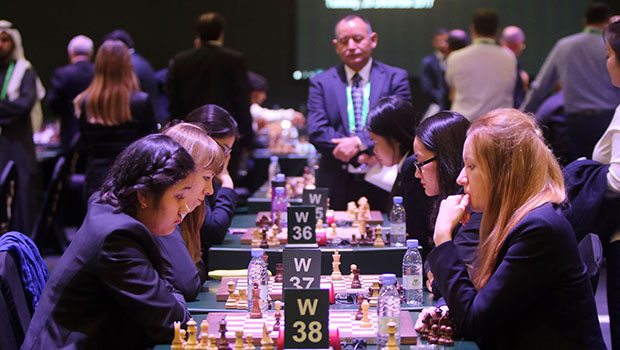 RIYADH, SAUDI ARABIA- DECEMBER 26: Chess players compete at the King Salman Rapid & Blitz Chess Championships in Riyadh, Saudi Arabia, December 26, 2017. The Championship is taking place in Saudi Arabia for the first time with participation of 236 players from 70 countries. (Photo by Salah Malkawi/ Getty Images)