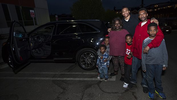 Westbrook presented Jennifer Hall, Hassan Ibrahim and their four, soon to be five, children with the 2017 Kia Sorento SXL he received for winning the 2016 NBA All Star MVP. 