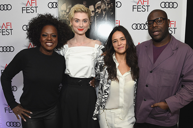 LOS ANGELES, CA - NOVEMBER 14: (L-R) Viola Davis, Elizabeth Debicki, Michelle Rodriguez, and Steve McQueen attend the gala screening of "Widows" during AFI FEST 2018 at the TCL Chinese Theatre on November 14, 2018 in Los Angeles, California. (Photo by Michael Kovac/Getty Images for AFI)