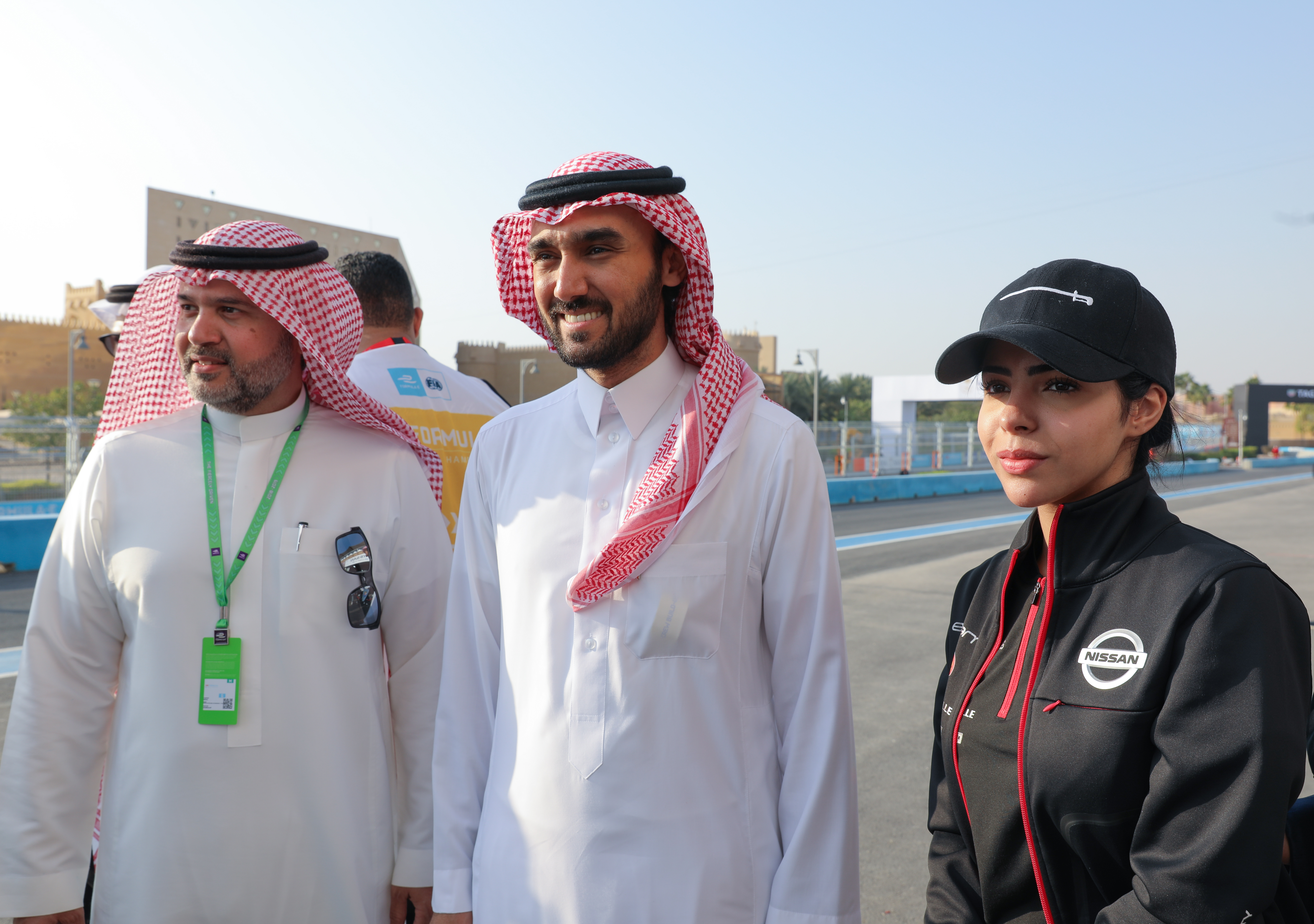 Prince Abdulaziz bin Turki Alfaisal, Vice-President of the General Authority for Sport (center) and Reem Al-Aboud (right) during the Ad Diriyah E-Prix in Riyadh (Photo Courtesy CIC)