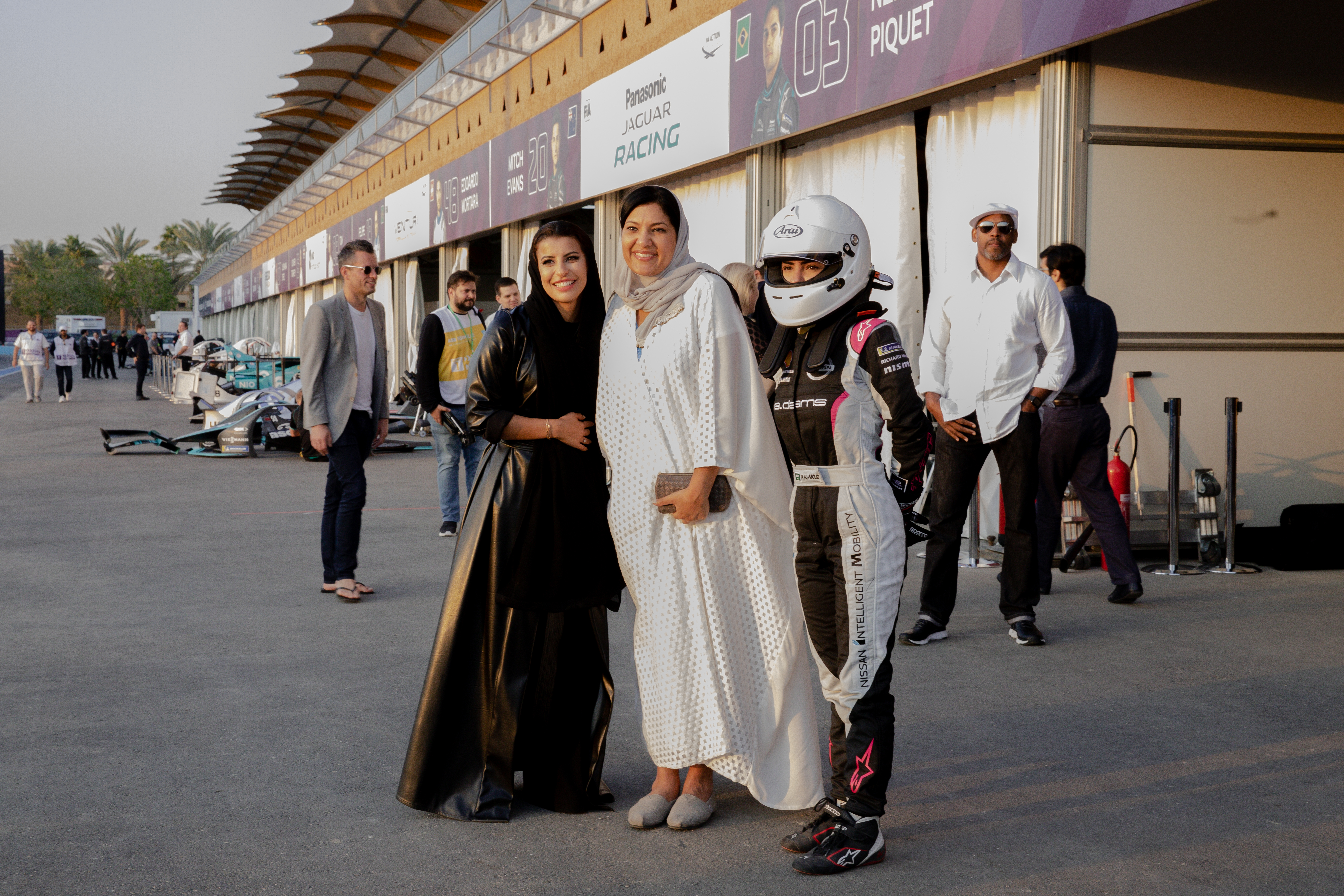 Reem Al-Aboud (right) with HRH Princess Reema Bint Bandar Al Saud, the deputy of development and planning for the General Sports Authority (center) during the Ad Diriyah E-Prix in Riyadh (Photo Courtesy CIC)