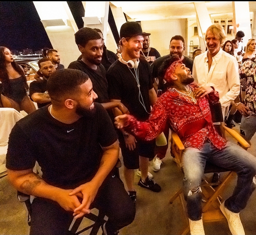 L-R: Drake, Future The Prince (OVO), Andrew Listermann, Chris Brown, Dave Grutman (background) and Michael Bay