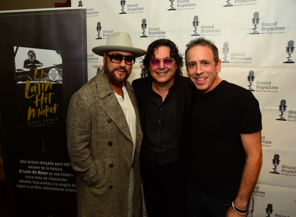 Sound Royalties honored super producer Rudy Pérez (center, with songwriter/producer Desmond Child and Alex Heiche, Sound Royalties CEO) at a VIP reception in Nashville