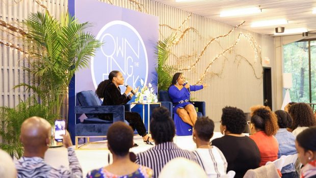 Celebrity event producer, Karleen Roy and Entrepreneur, Myleik Teele address the Owning the Block crowd