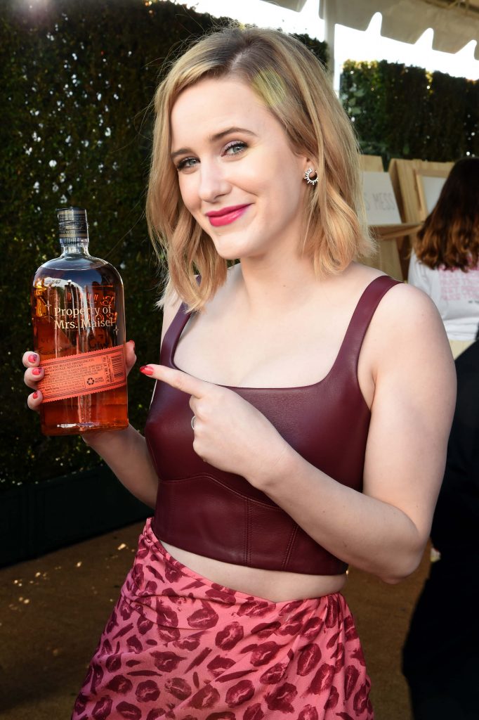 Rachel Brosnahan holds a custom engraved Bulleit Bourbon bottle at the 2020 Film Independent Spirit Awards on February 08, 2020 in Santa Monica, California.