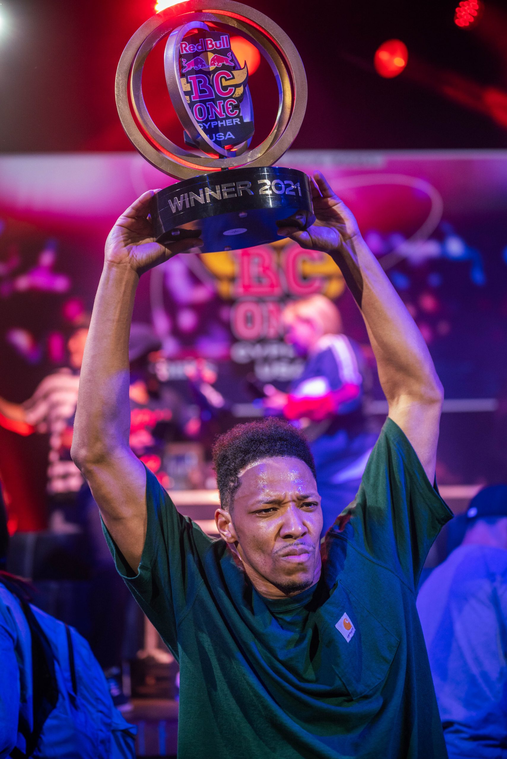 Event winner, Morris holds up his trophy at Red Bull BC One National Finals in Orlando, FL, USA on August 21, 2021