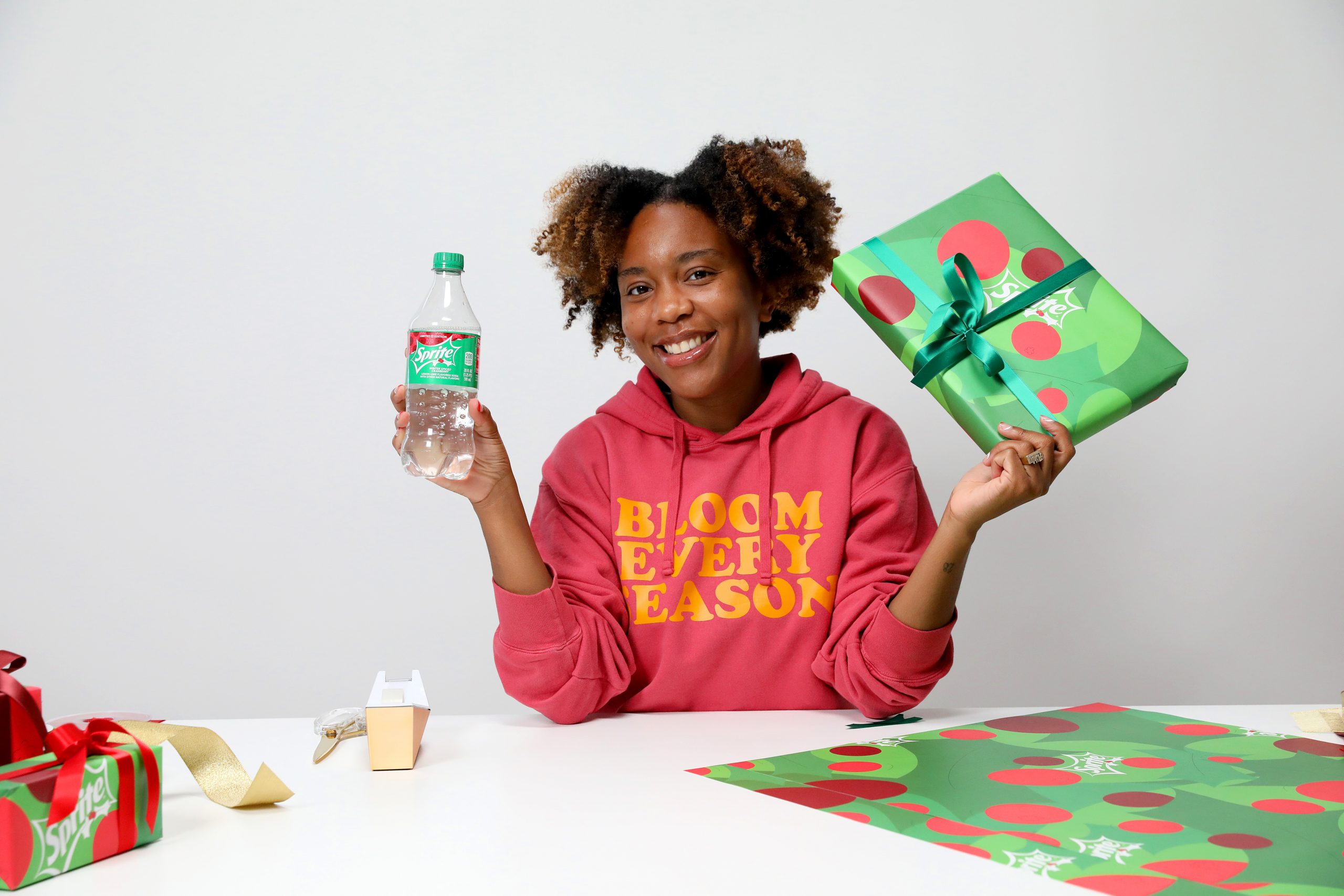 JERSEY CITY, NEW JERSEY - SEPTEMBER 28: Sprite Spreads Holiday Cheer With New LTO Flavor and Custom Gift Wrap Paper on September 28, 2021 in Jersey City, New Jersey. (Photo by Monica Schipper/Getty Images for Sprite)