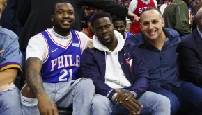 Left to right: Meek Mill, Kevin Hart, and Michael Rubin. Photo: Chris Szagola/AP