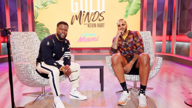 MIAMI BEACH, FLORIDA - SEPTEMBER 13: Kevin Hart and Carmelo Anthony are seen during the live taping of SiriusXM's "Gold Minds With Kevin Hart" at the SirusXM Miami studio on September 13, 2023 in Miami Beach, Florida. (Photo by Alexander Tamargo/Getty Images for SiriusXM)