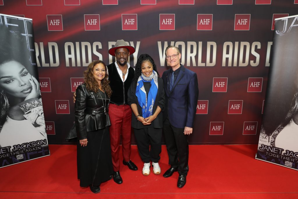 HOUSTON, TEXAS - DECEMBER 01: (1-r) Debbie Allen, Blair Underwood, Janet Jackson at NRG Arena on December 01, 2023 in Houston, Texas. (Photo by Bob Levey/Getty Images for AIDS Healthcare Foundation)