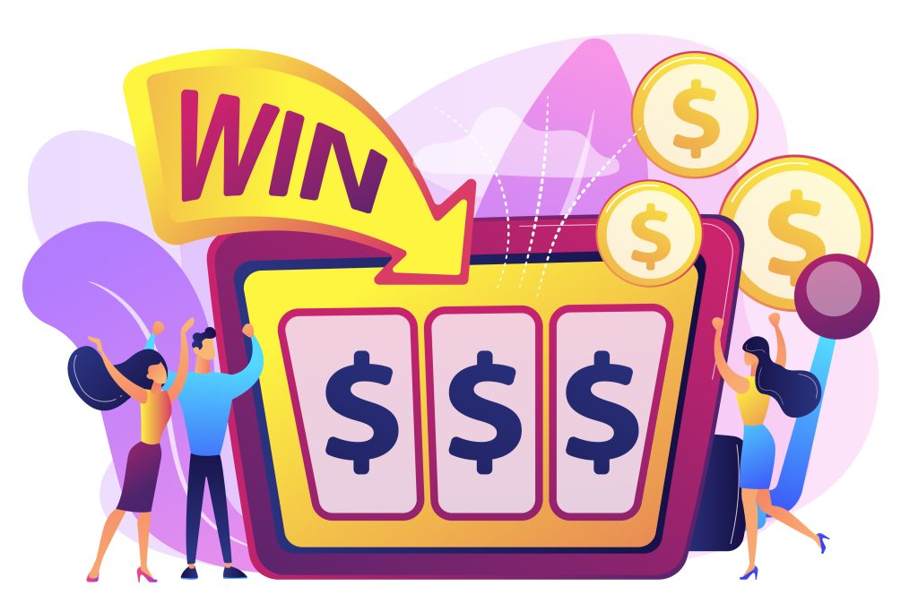 Lucky tiny people gambling and winning money at slot machine with dollar sign. Slot machine, money game winner, jackpot win concept. Bright vibrant violet vector isolated illustration - Image by vectorjuice on Freepik