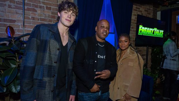Actor Jack Champion, left, producer Too $hort and actress Dominique Thorne during the Freaky Tales cast party at Chase Sapphire on Main at the 2024 Sundance Film Festival, on Thursday, Jan. 18, 2024, in Park City, Utah. (Photo by Joshua Lawton for Chase)